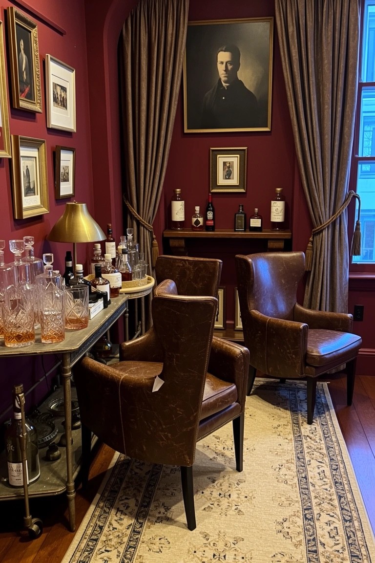 Cozy whiskey room corner with maroon walls, two brown leather armchairs flanking a bar cart stocked with bottles, plus shelves and framed portraits