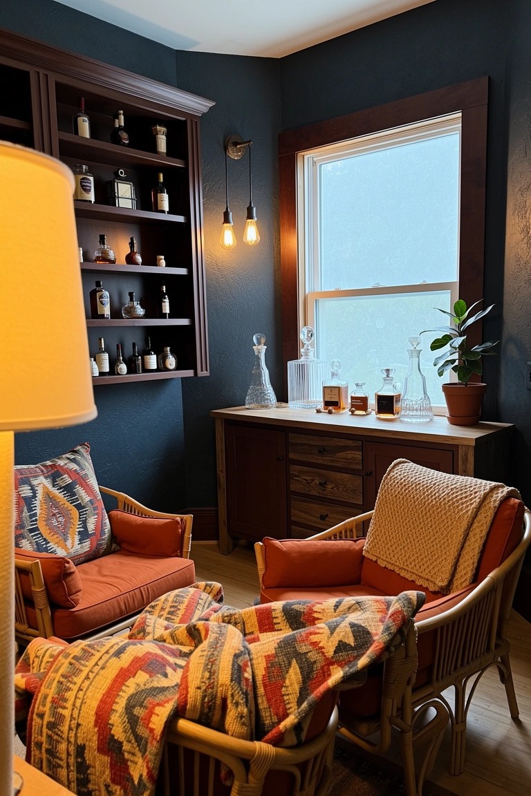 Cozy dark navy corner with wooden built-in whiskey bottle shelves, rattan armchairs with colorful cushions and throw blanket, small desk holding decanters, pendant lights, and large window