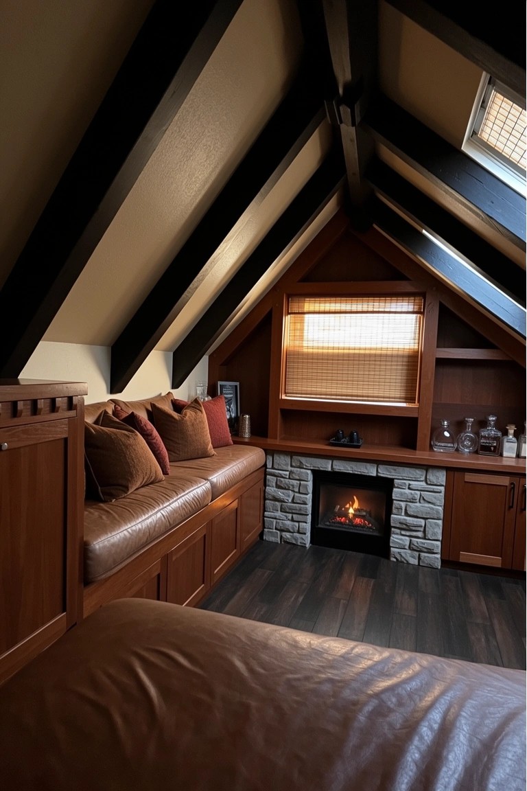 Cozy attic whiskey room with dark exposed wooden beams, built-in cushioned bench, stone fireplace, and shelves holding bottles