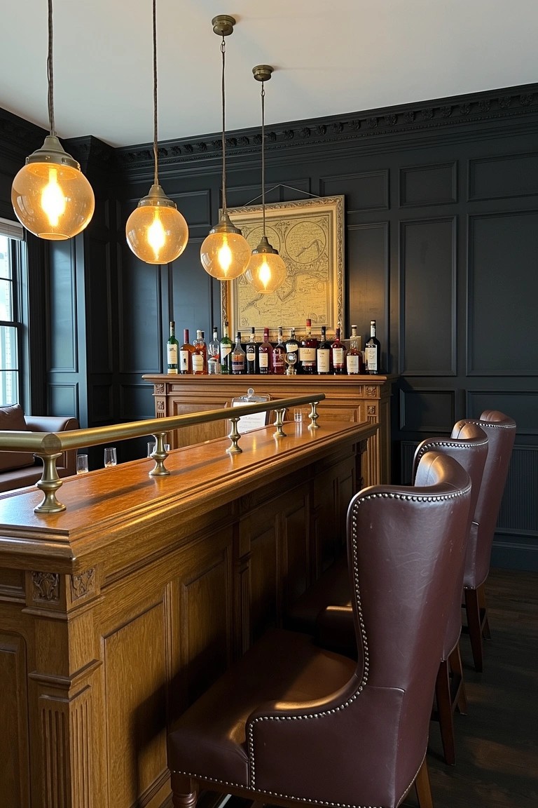 Dark paneled room featuring a wooden bar counter with brass foot rail, leather barstools, brass pendant lights, and whiskey bottles on a back shelf