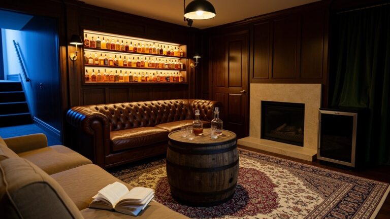 Dark wood paneled whiskey room with built-in bottle shelves, leather sofa, barrel table, and fireplace