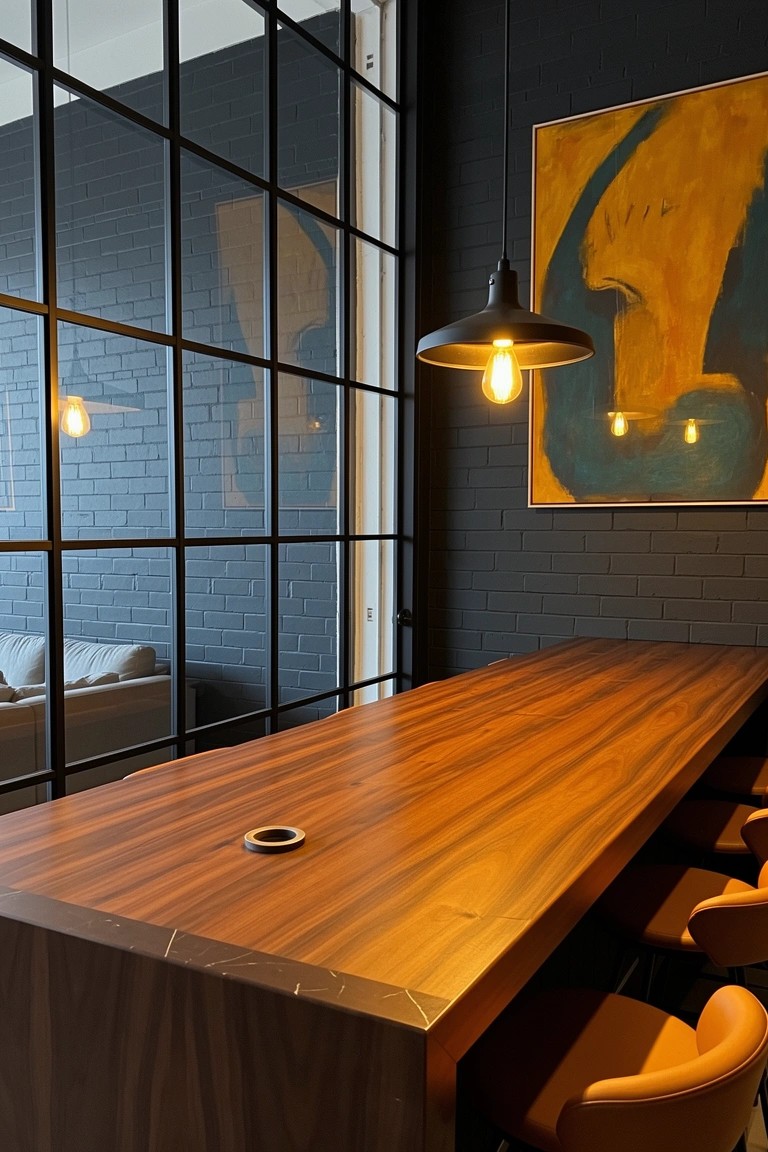 Long dark wood table as centerpiece in moody room with black-framed windows, warm pendant lights, and abstract wall art