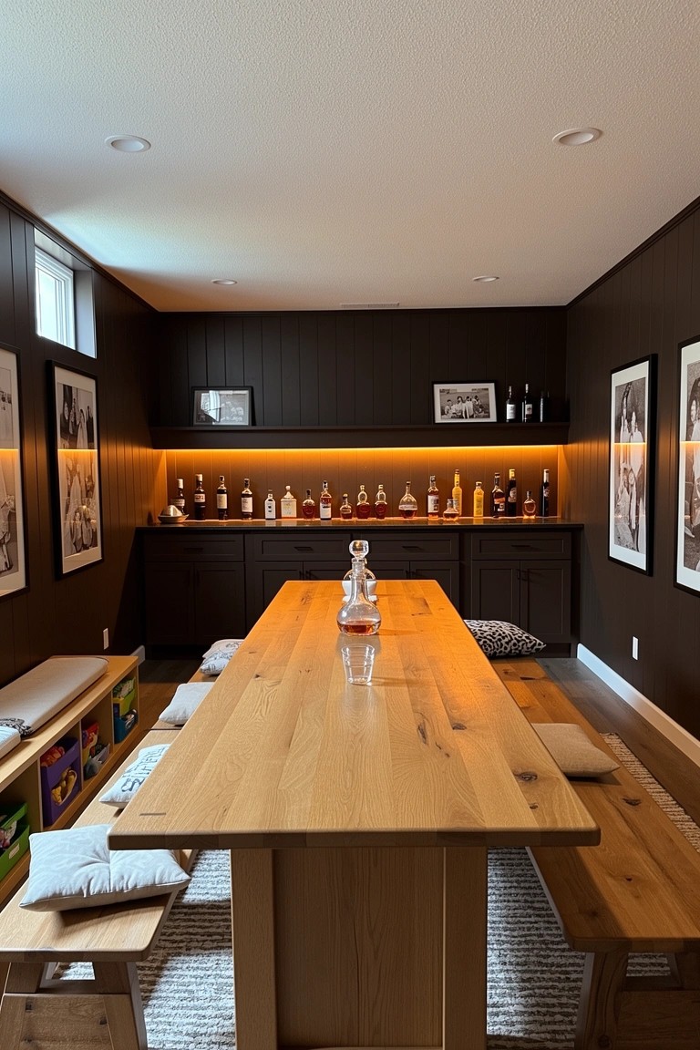 Dark-paneled whiskey room with long oak table, benches, pillows, and backlit bottle shelves