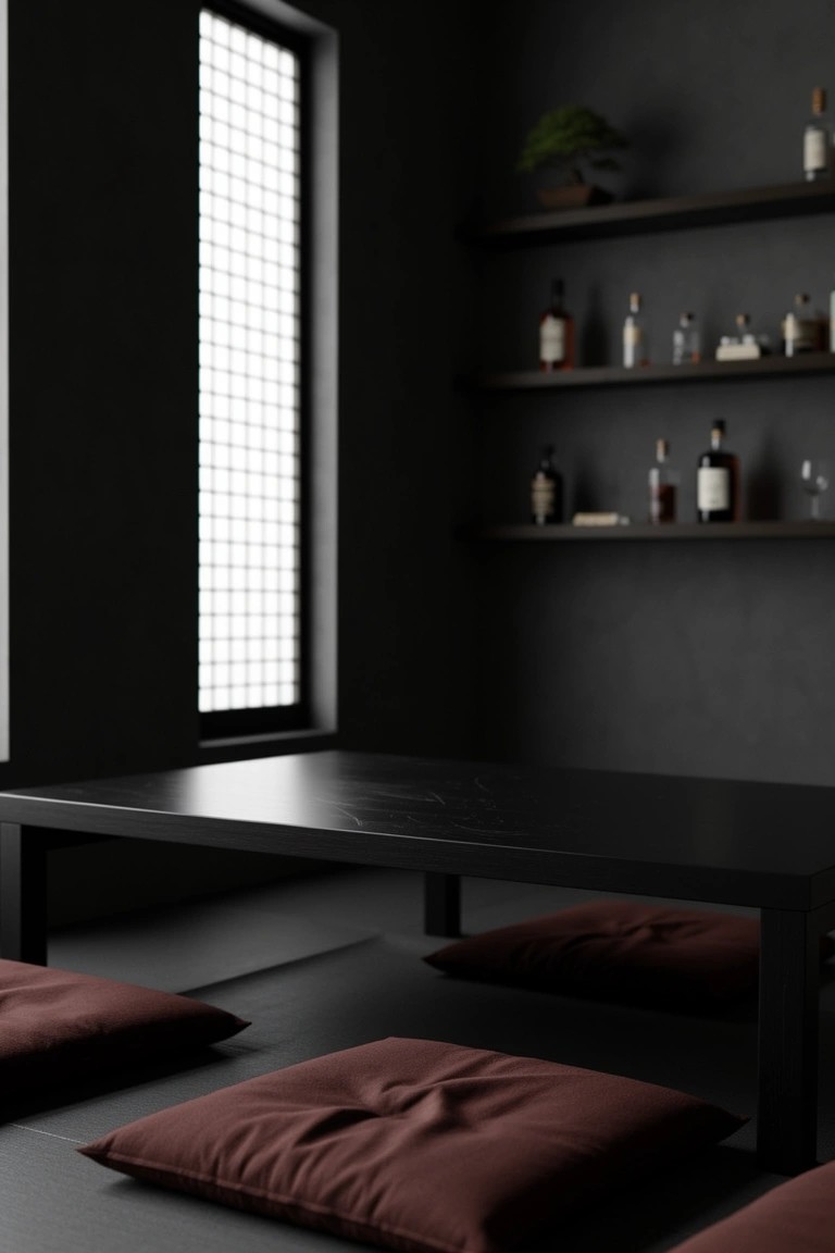 Dark minimalist room with low black table, maroon floor cushions, whiskey bottles on wall shelves, and shoji-style window