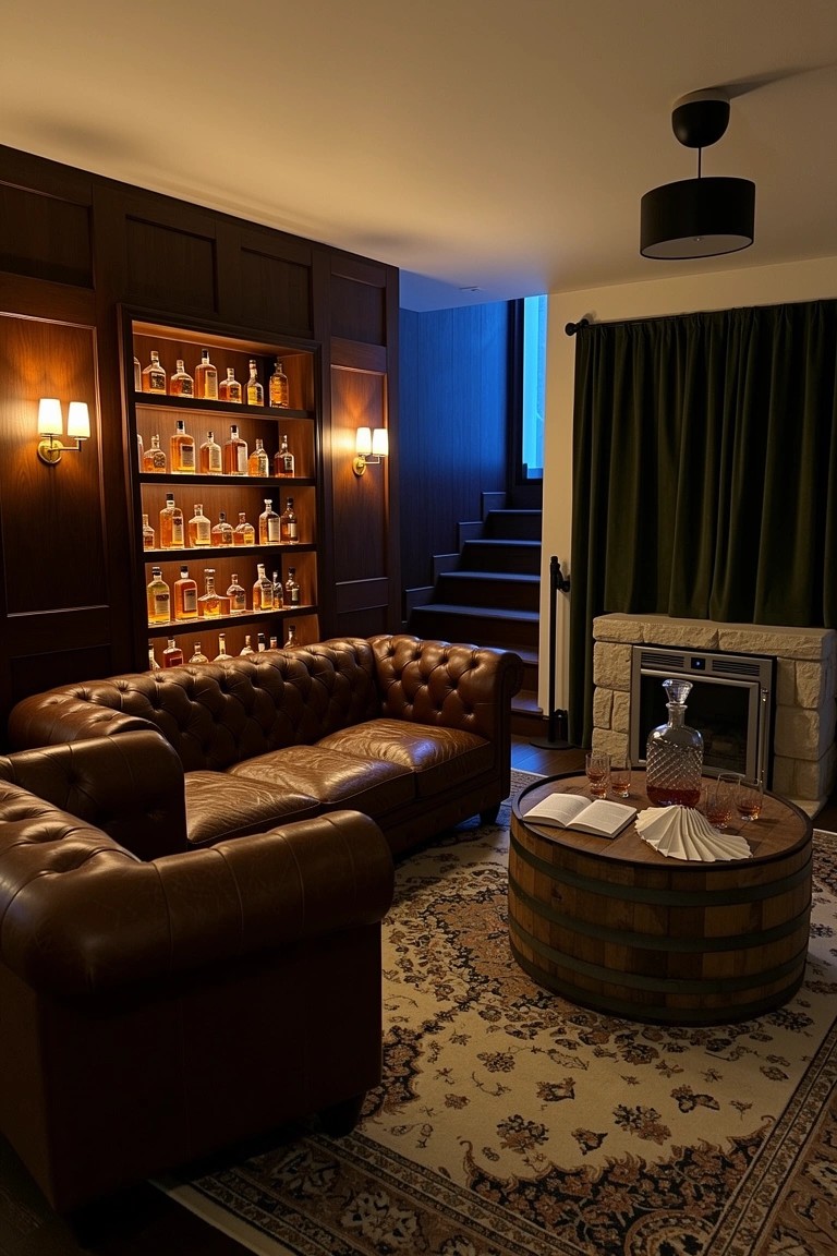 Dark wood paneled whiskey room with built-in bottle shelves, leather sofa, barrel table, and fireplace