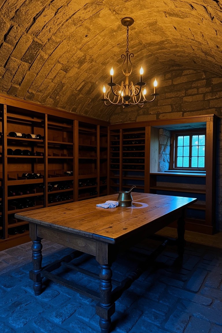 Vaulted stone-walled room with tall wooden bottle racks, central wooden table, and candle chandelier