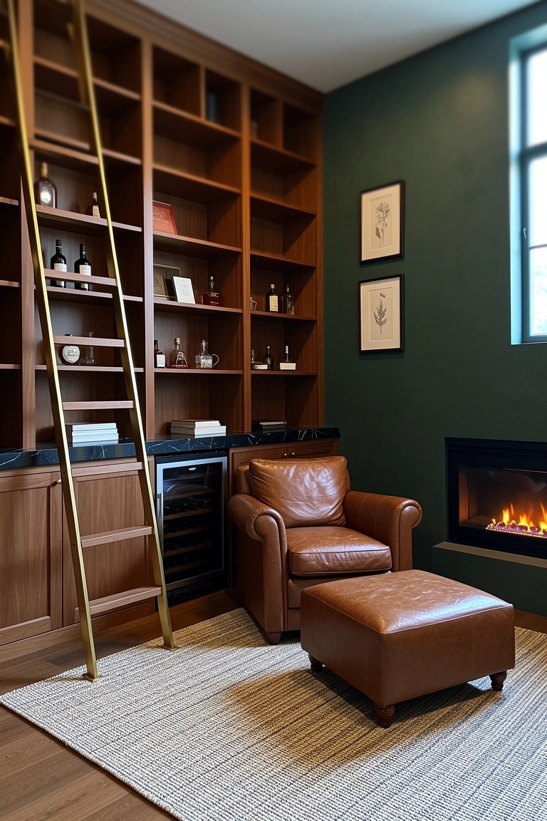 Tall wooden bookshelves with brass rolling ladder displaying books and bottles in a green-walled room corner