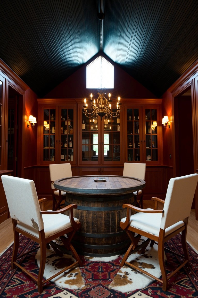 Dark-paneled whiskey room with central round table made from a whiskey barrel, four white chairs, and built-in bottle cabinets on red walls