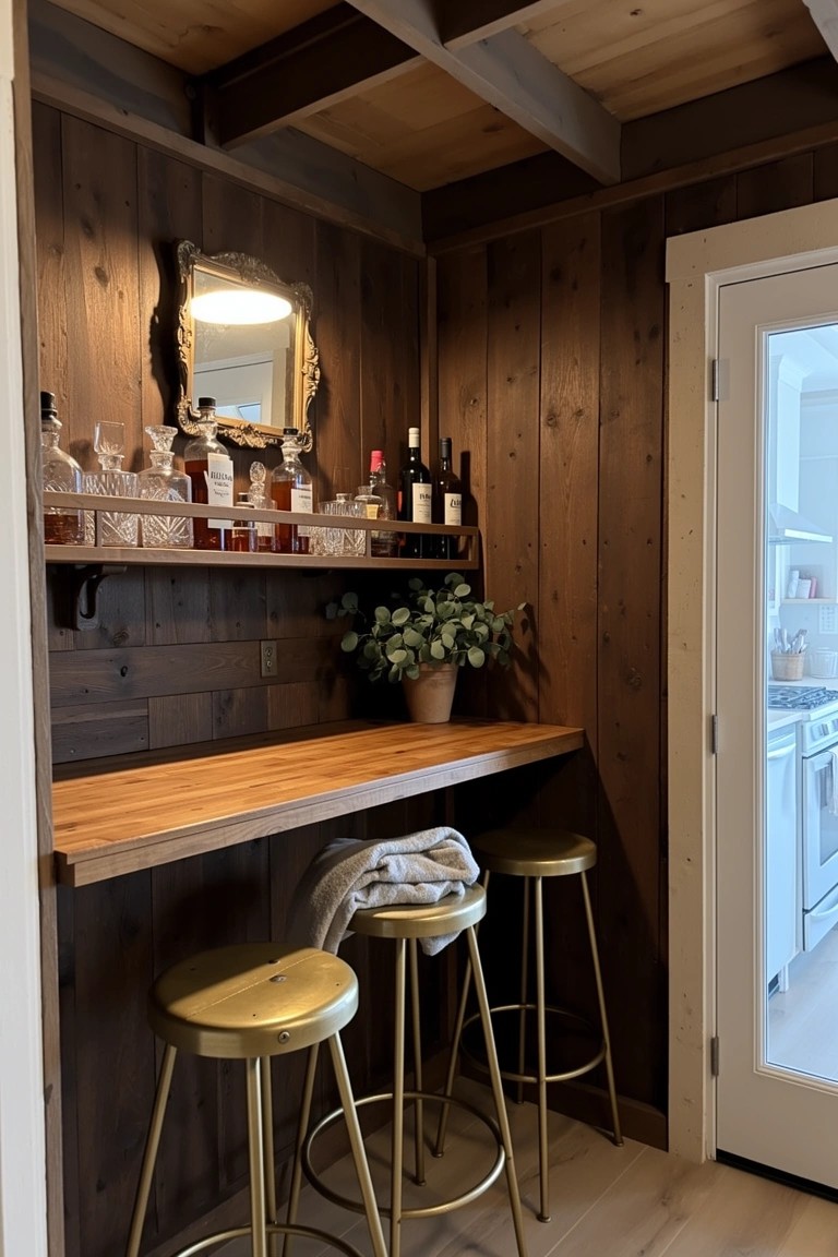 Compact wood-paneled bar nook with liquor bottle shelves, wooden counter, gold bar stools and potted plant
