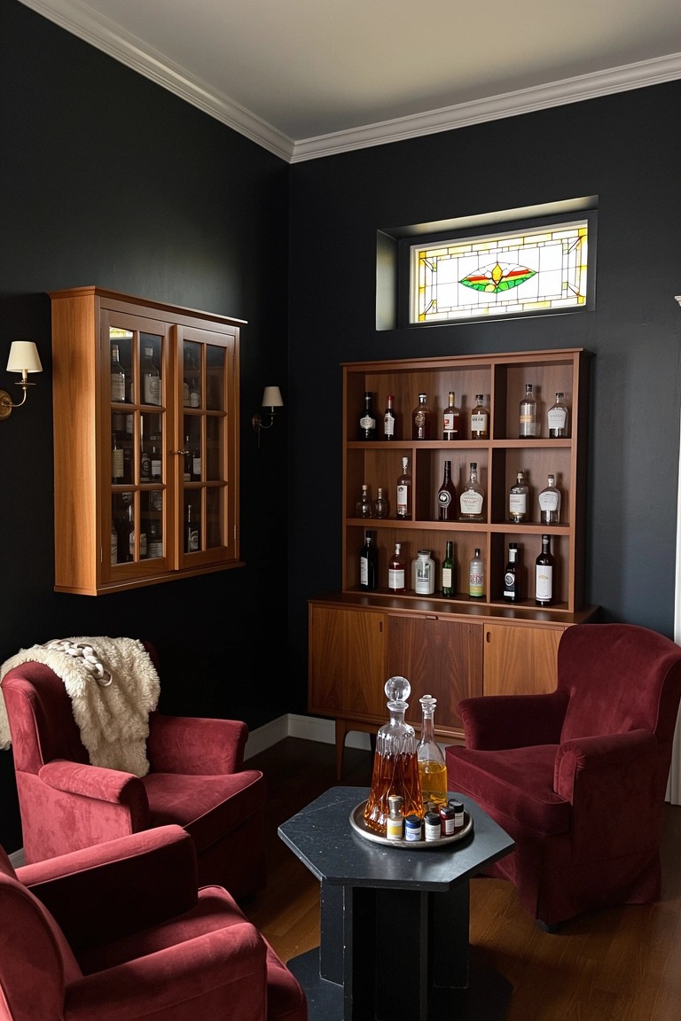Dark corner room with tall wooden cabinets displaying whiskey bottles flanking red armchairs around a central table