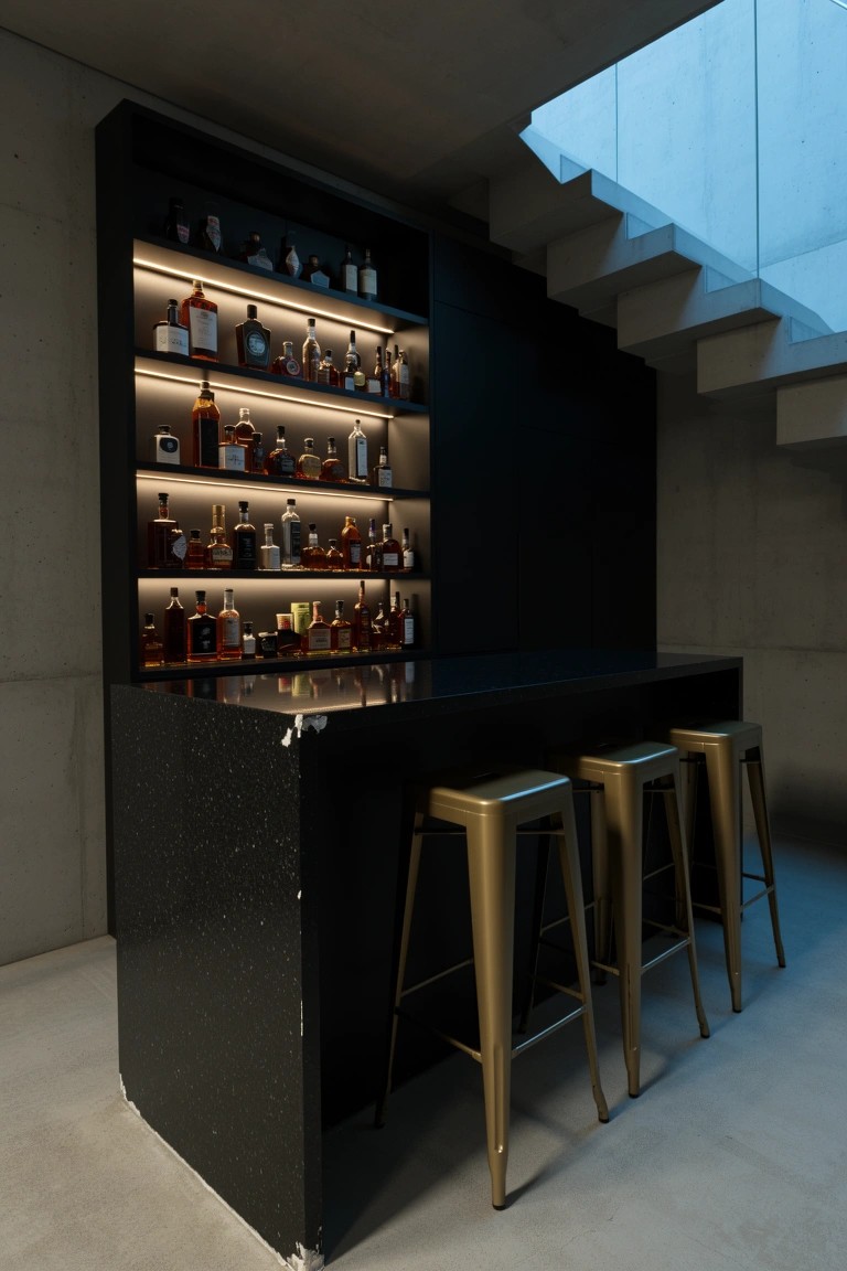 Sleek black bar counter with backlit shelves displaying whiskey bottles and gold bar stools against concrete walls