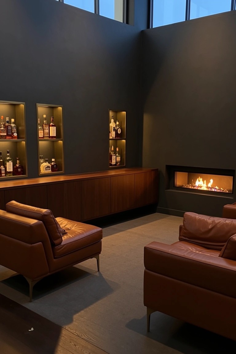 Modern whiskey room corner with symmetrical backlit wooden shelves displaying liquor bottles flanking a linear gas fireplace, dark walls, wood cabinets below, and tan leather chairs
