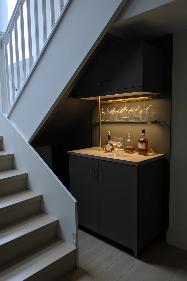 Compact dark bar cabinet under a white staircase with lit glass shelves above the counter holding whiskey bottles and glasses