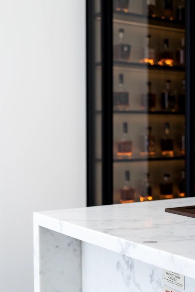 Tall black-framed glass cabinet filled with backlit whiskey bottles beside a white marble kitchen island