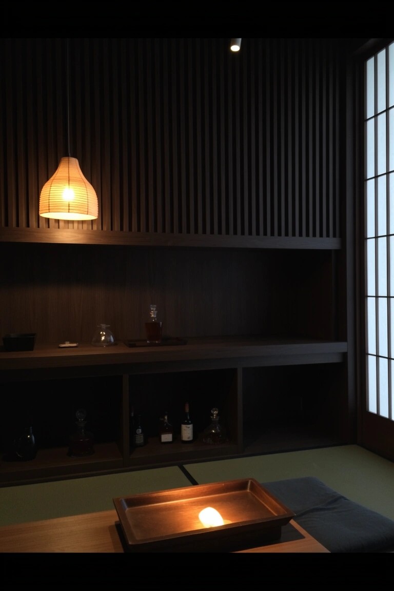 Dark wood built-in open shelving displaying whiskey bottles above lower cabinets in a minimalist paneled room with low table and tatami floor