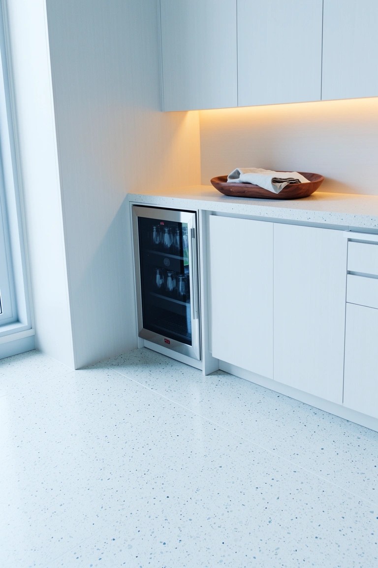 Modern white kitchen corner featuring built-in under-counter beverage cooler in sleek cabinetry