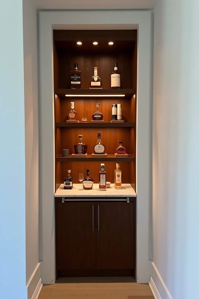 Recessed wooden cabinet displaying whiskey bottles on lit shelves with a white countertop base in a light hallway