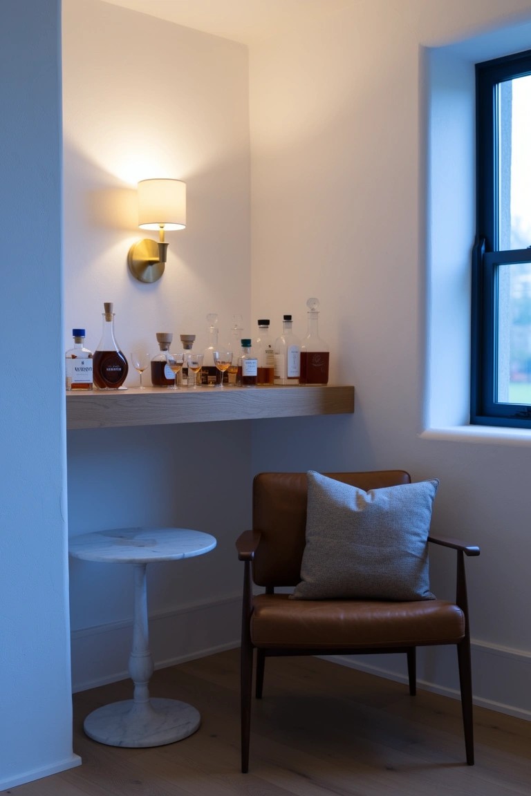 Minimal floating oak shelf displaying whiskey bottles above a tan leather armchair and white side table in a bright corner nook