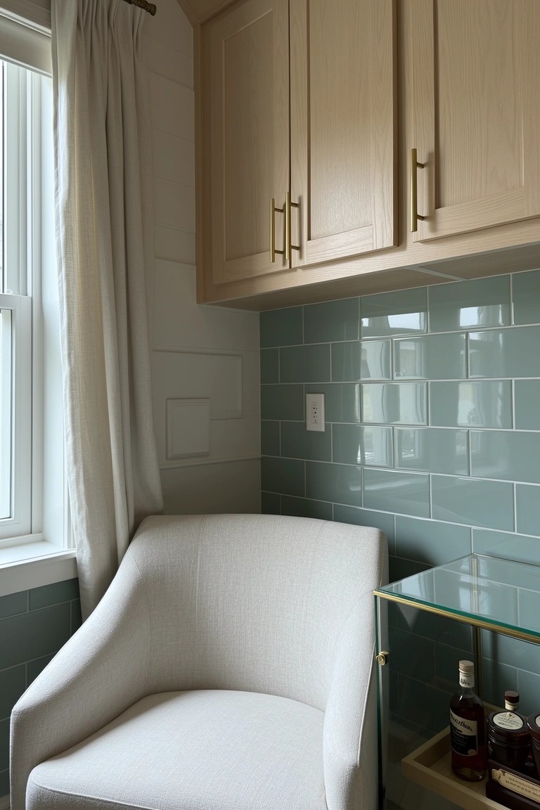 White armchair in sunny kitchen corner with light wood cabinets over teal subway tile backsplash and glass cart holding whiskey bottles