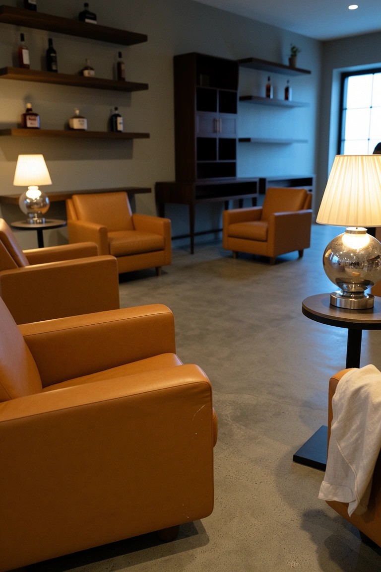 Modern whiskey room featuring clusters of low orange leather armchairs around lamp tables, with wood shelves displaying bottles against neutral walls