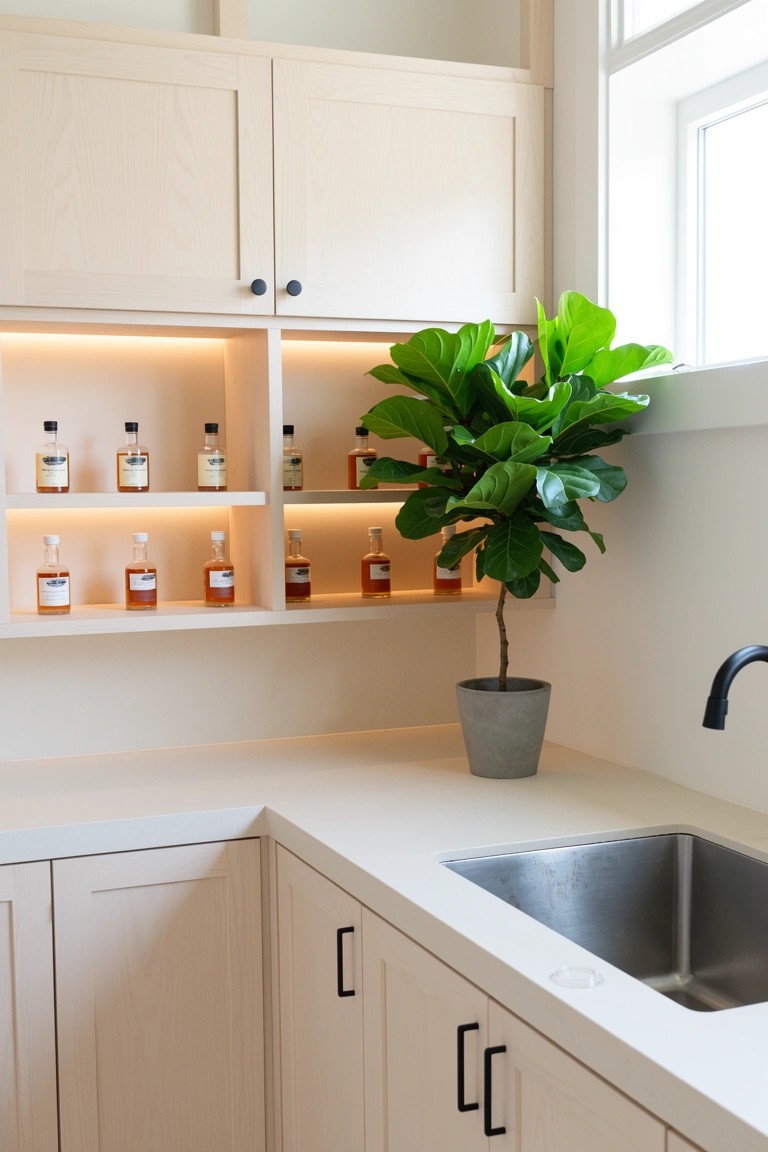 Modern kitchen corner featuring beige cabinets with backlit open shelves displaying small whiskey bottles and a tall fiddle leaf fig plant beside a stainless steel sink
