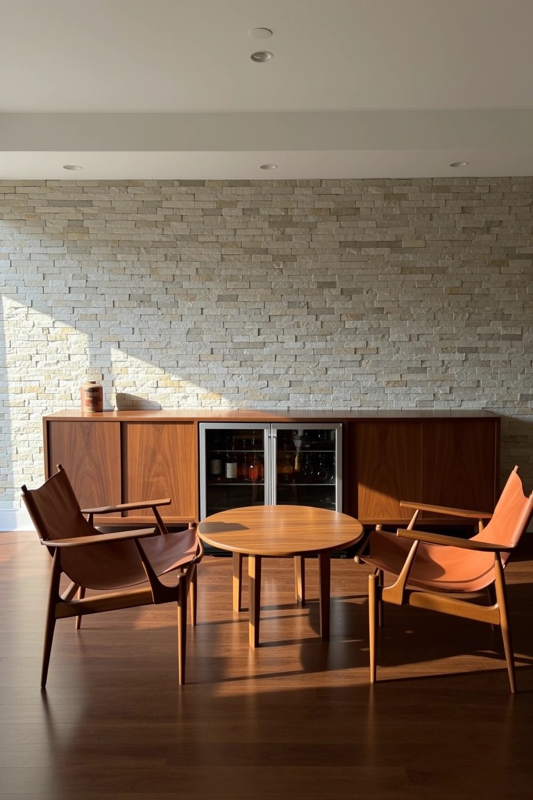Two orange leather shell chairs around a round wooden table next to a wooden credenza bar cabinet with glass doors and bottles, against a light stone wall in a modern sunlit room