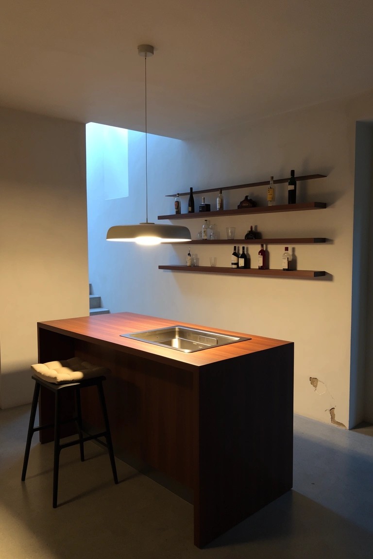 Modern bar counter with wooden floating shelves displaying whiskey bottles above a sink island