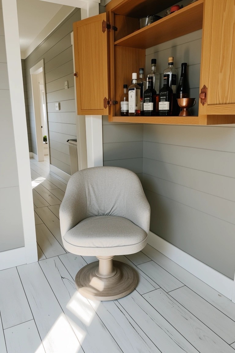 Open light wood cabinet displaying rows of whiskey bottles above a cream swivel chair against gray shiplap wall