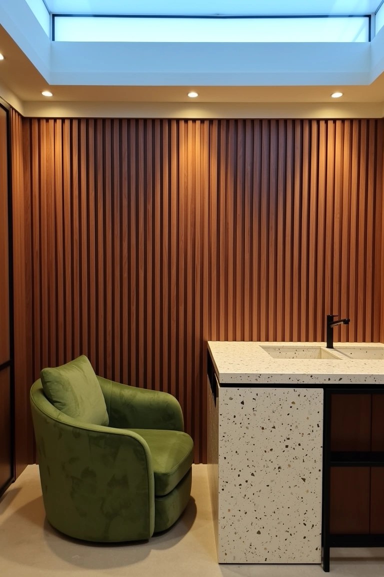 Modern bar nook with vertical wood slat wall, green swivel chair, and white speckled countertop