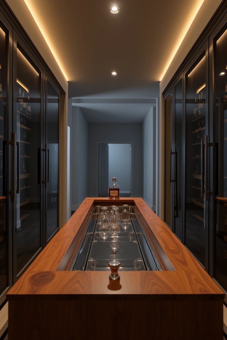 Sleek hallway whiskey room with tall glass cabinets on both sides and a central wooden table displaying glasses under warm lighting