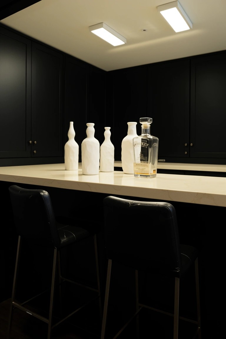 Modern corner bar with black cabinets, open shelves holding white ceramic bottles, quartz countertop with whiskey bottle, and black bar stools