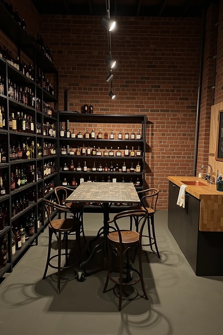 Exposed brick walls lined with wooden and metal shelves full of whiskey bottles surrounding a central wooden table and stools in a cozy room