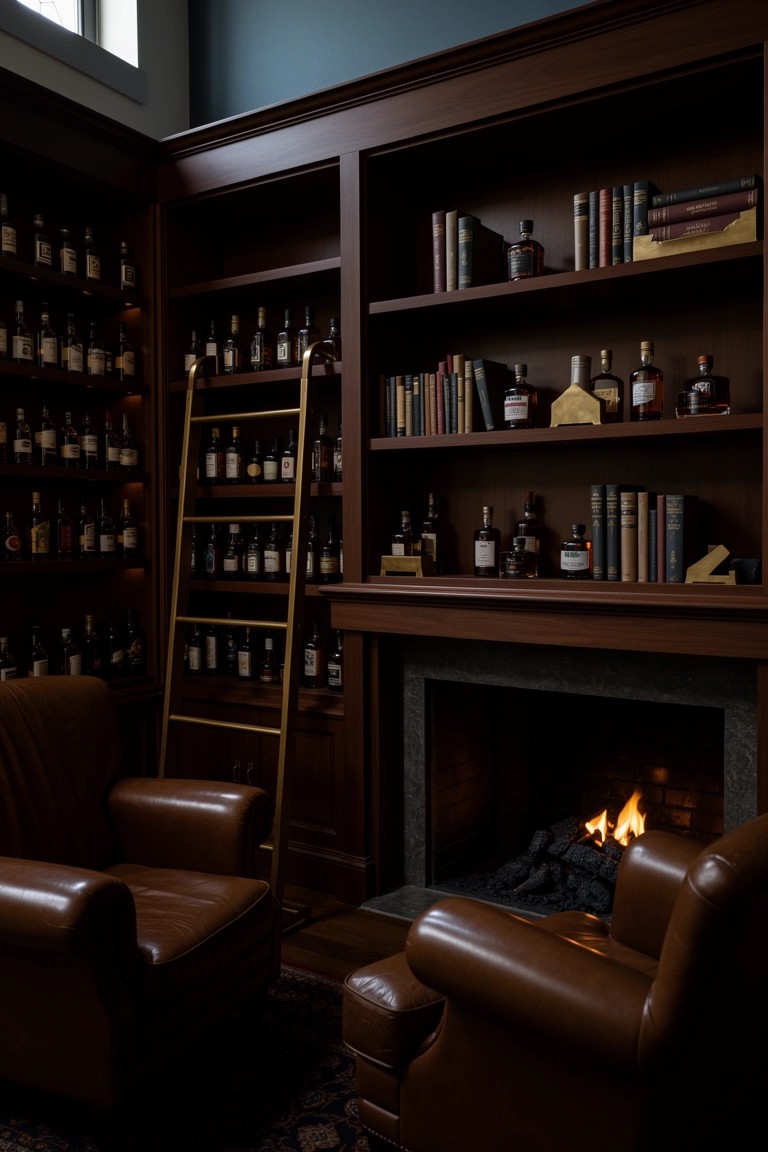 Wood-paneled whiskey room with floor-to-ceiling shelves lined with bottles and books, rolling ladder, leather armchairs, and a stone fireplace with fire