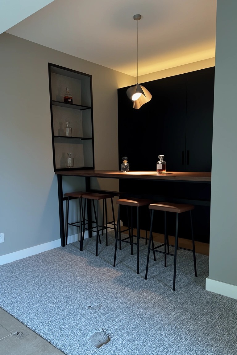 Compact modern corner bar with black cabinets, open shelves holding whiskey bottles, wooden countertop, black metal stools, and pendant light