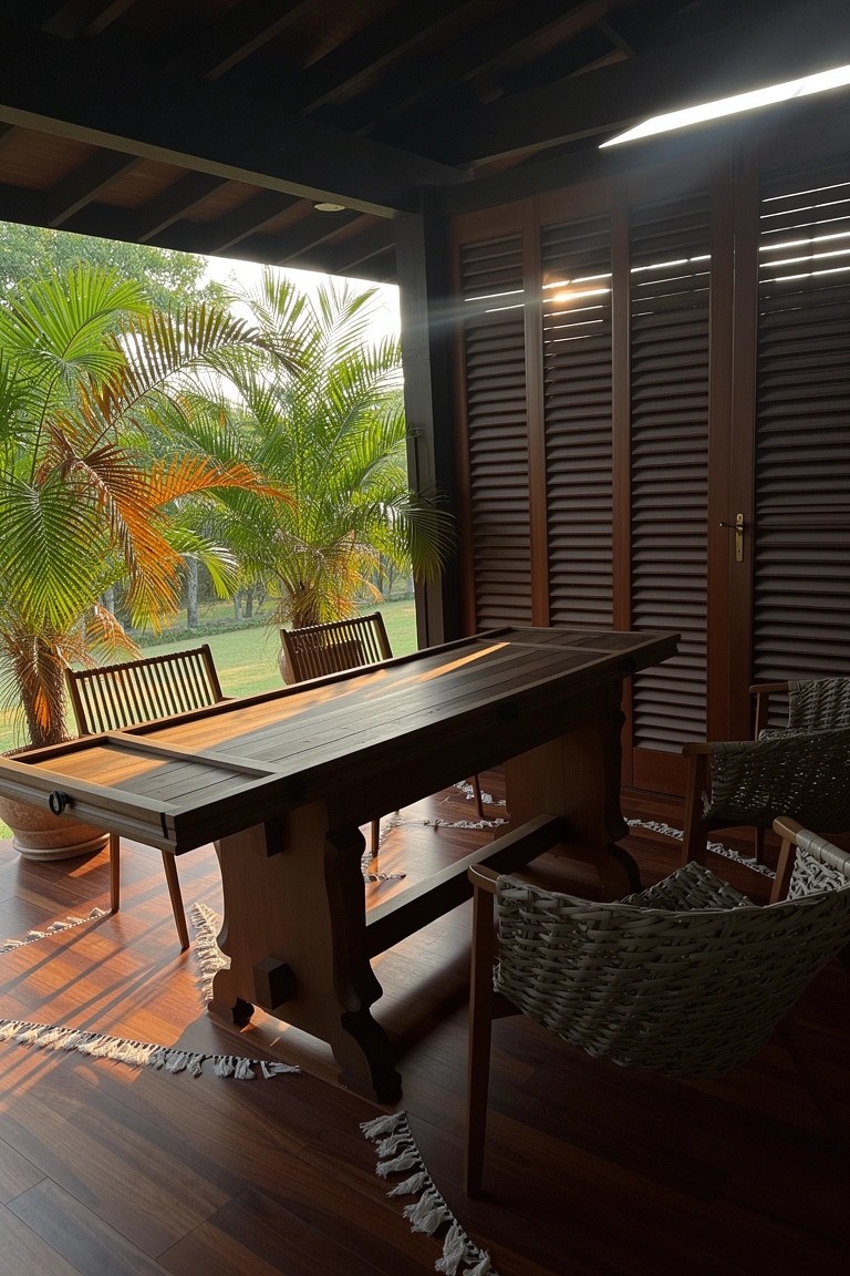 Covered veranda with long wooden table, rattan chairs, slatted shutters, and tropical palms outside