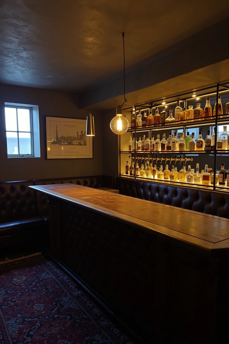 Cozy corner bar nook with tufted leather booth seating, wooden bar top, and backlit shelves displaying whiskey bottles