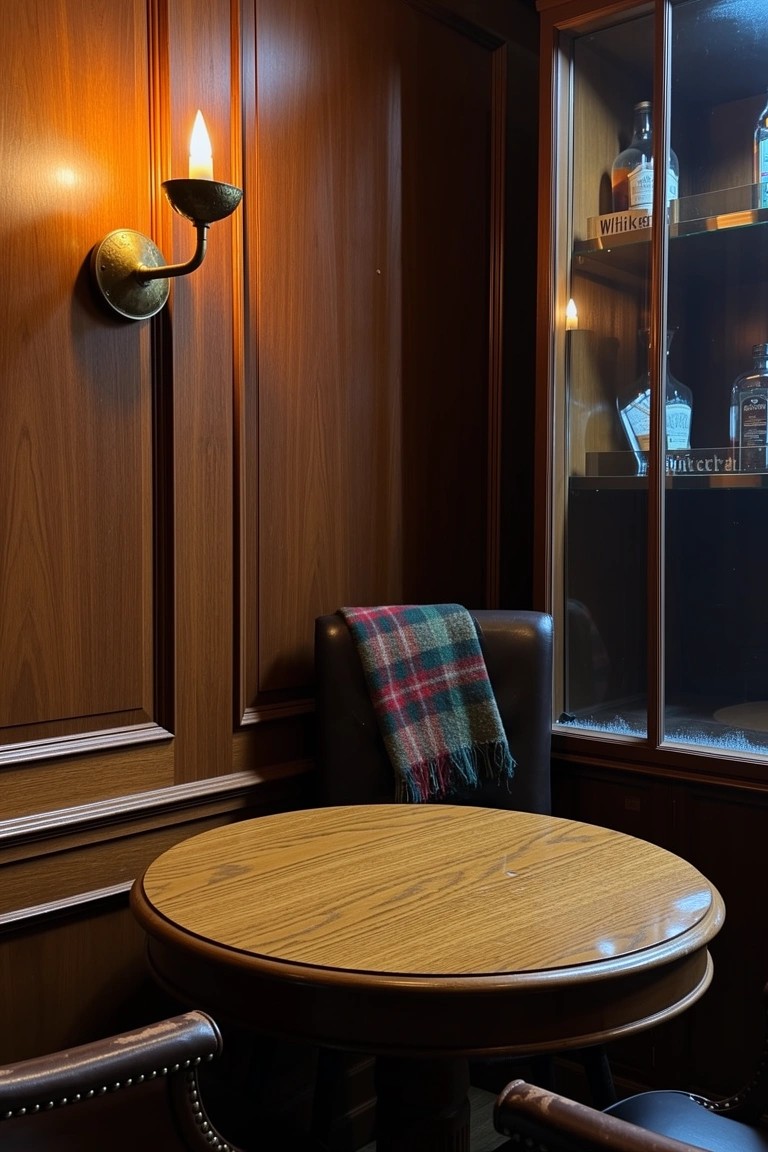 Wood-paneled corner with round table, two leather chairs, plaid blanket draped on one, candle lamp on wall, and glass cabinet holding whiskey bottles