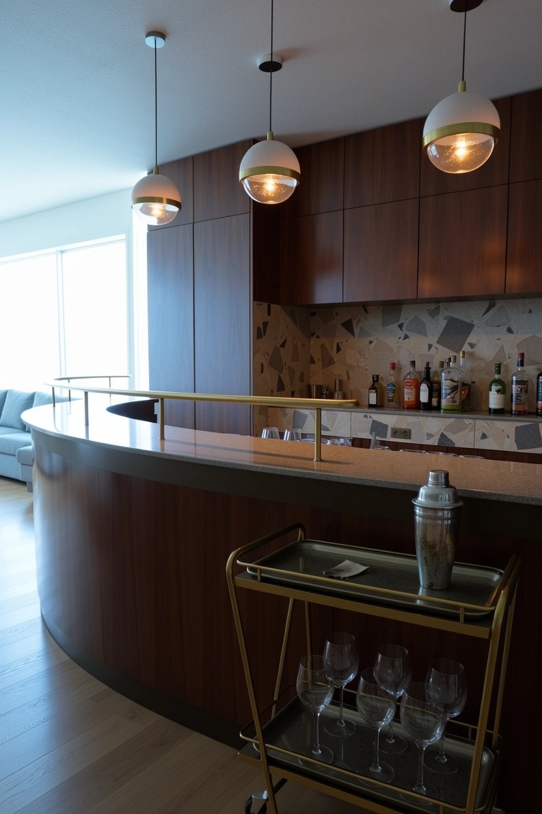Curved wooden bar counter with pendant lights and a gold bar cart in a modern living space