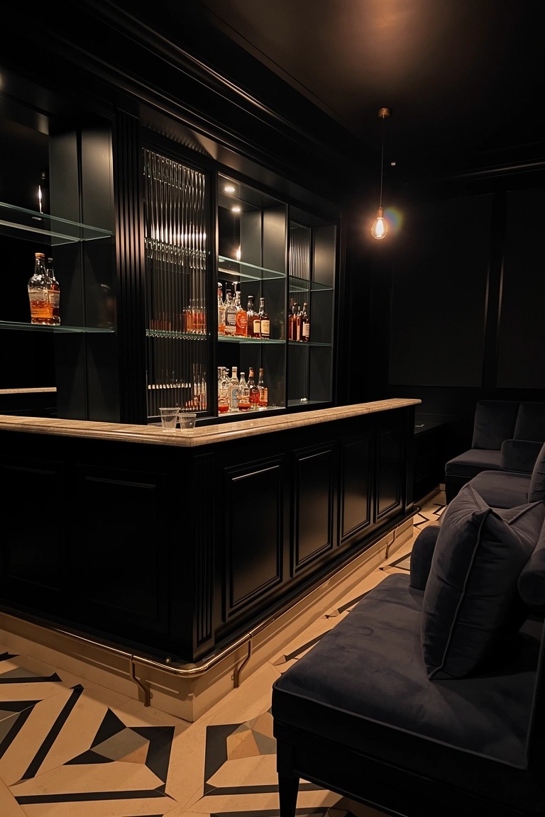 Black wood bar cabinets with glass doors displaying whiskey bottles on shelves, marble countertop, and adjacent velvet lounge chairs on a geometric floor