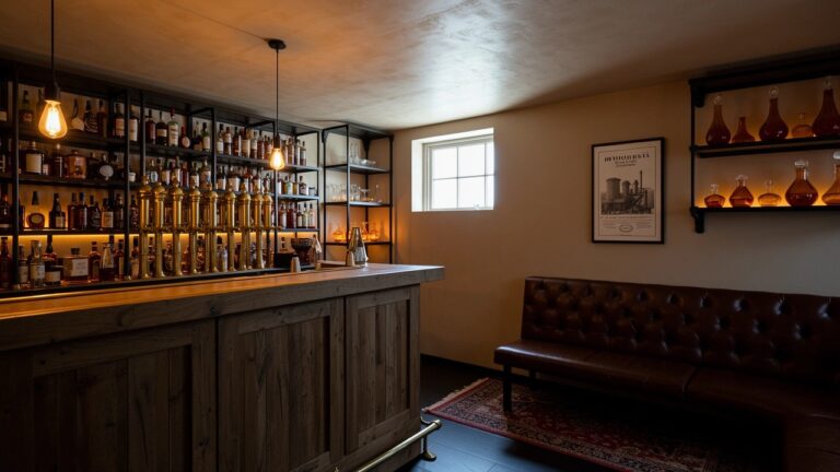 Cozy corner bar nook with tufted leather booth seating, wooden bar top, and backlit shelves displaying whiskey bottles