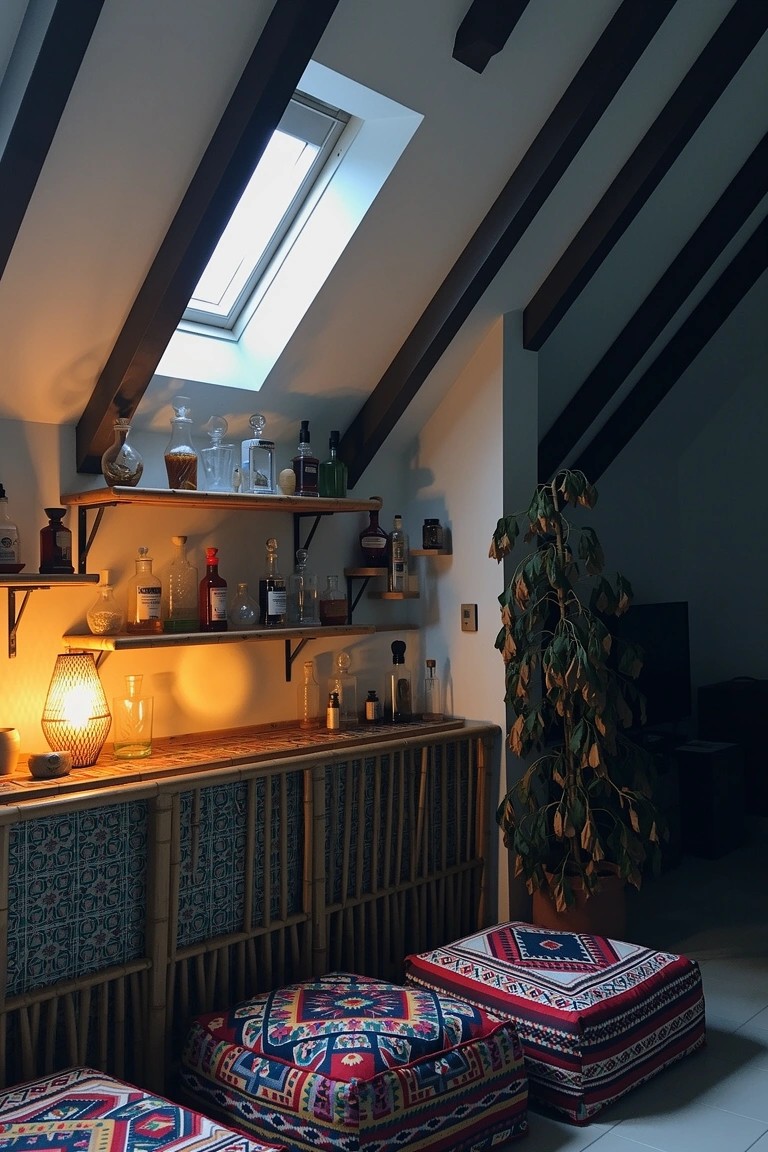 Attic whiskey nook with wooden beam ceiling, skylight, bottle-filled shelves on bar counter, warm lamp, potted plant, and colorful patterned floor poufs