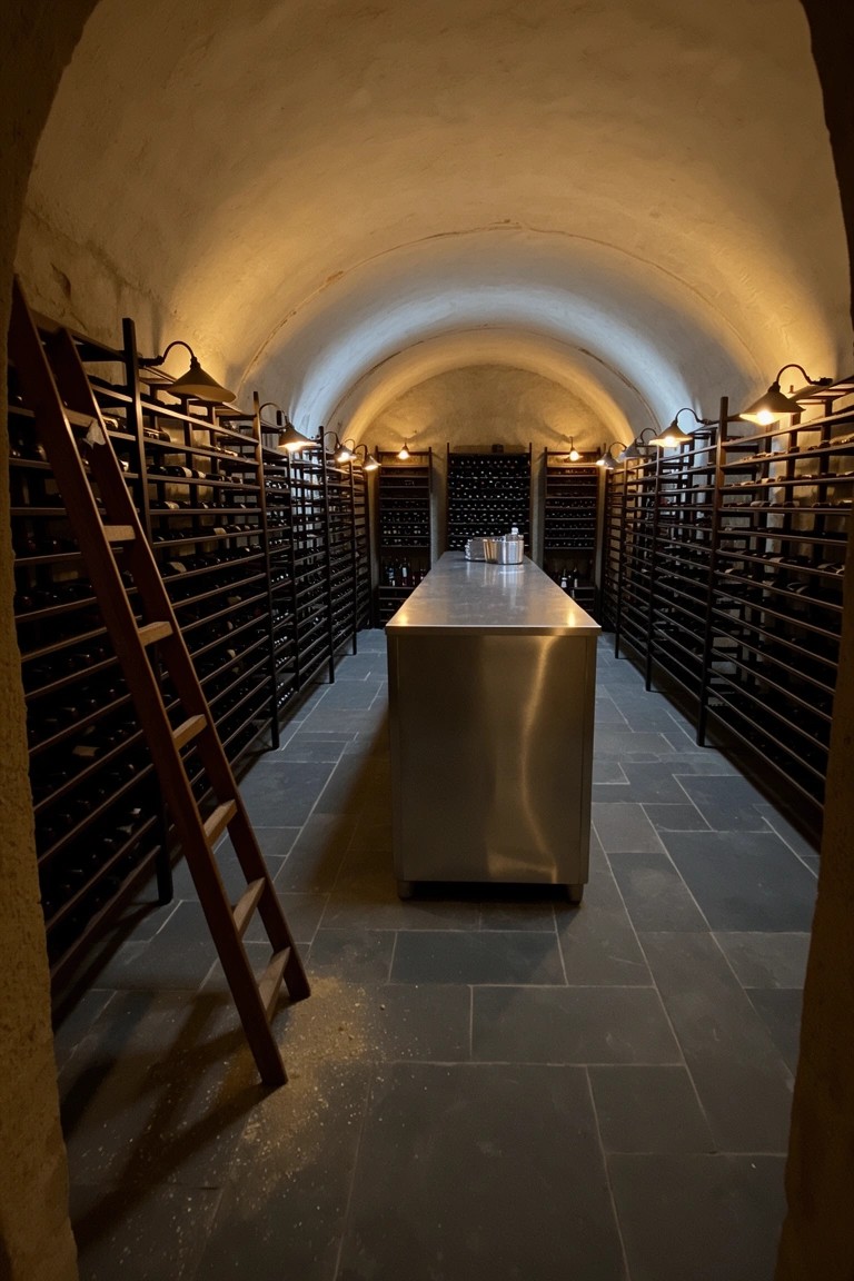 Vaulted cellar with dark wooden racks lining arched stone walls full of wine bottles, sliding wooden ladder, central stainless steel table, and warm wall sconces