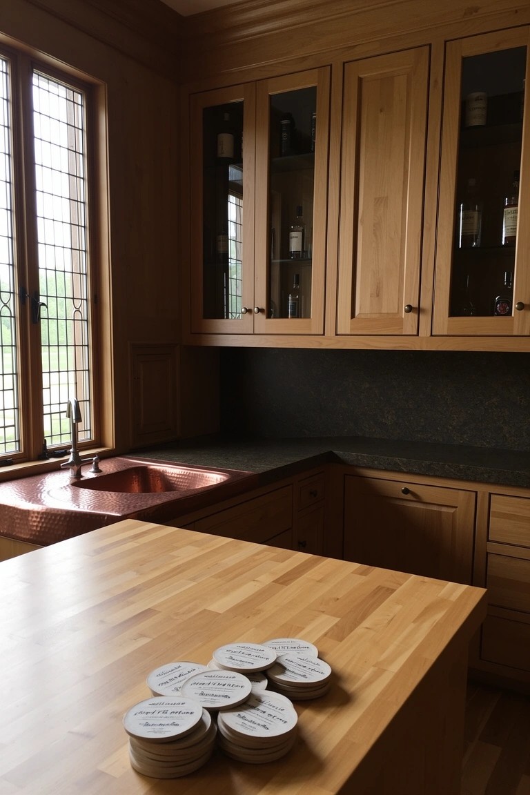 Warm wooden corner bar area with glass-front oak cabinets displaying liquor bottles, copper sink, butcher block counter holding stacked white coasters, and large leaded glass windows