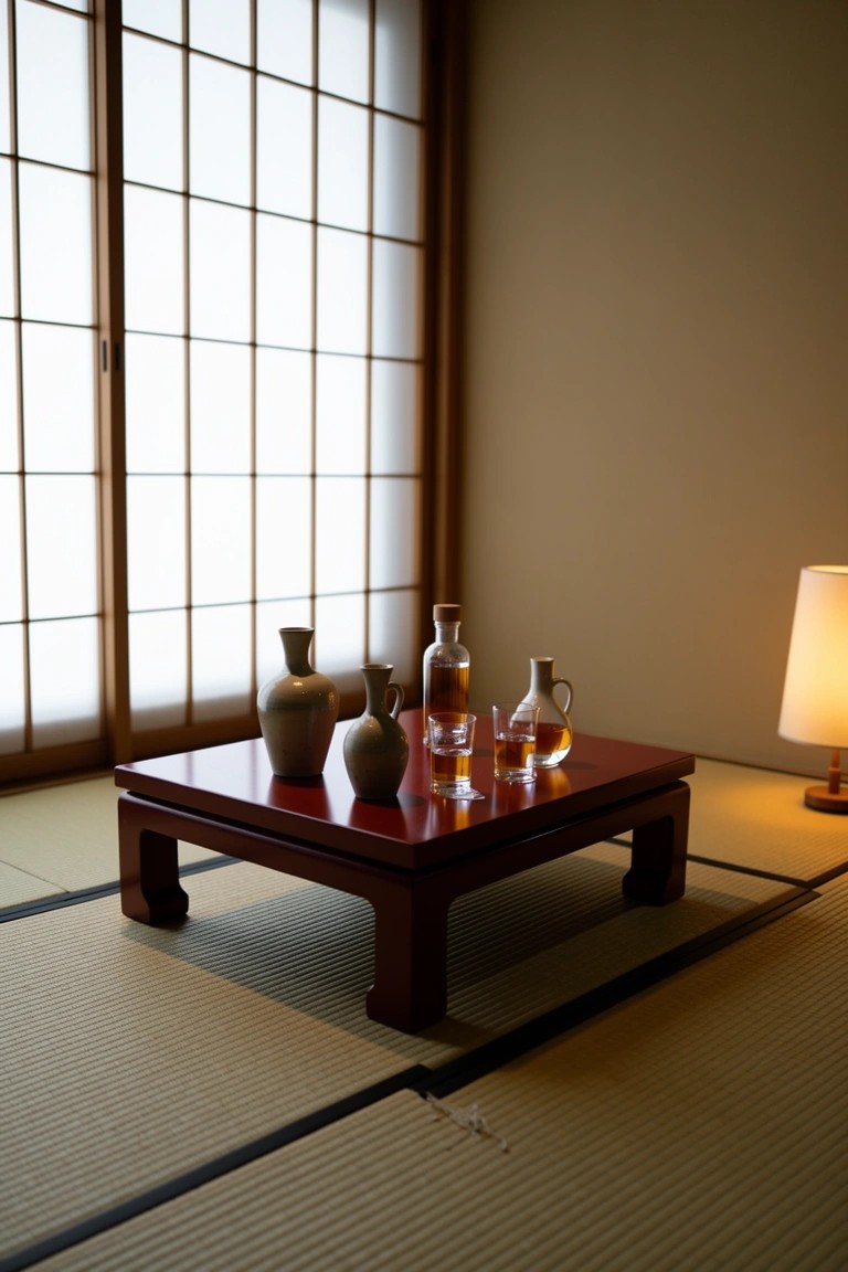 Low red table on tatami mats in a shoji-screen room displaying whiskey bottles, vases, and glasses with a lamp nearby