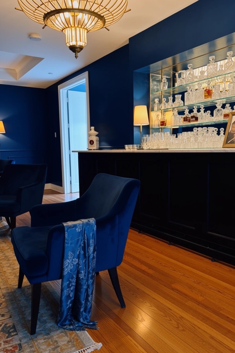 Navy blue bar nook with glass shelves displaying whiskey bottles, blue velvet armchair, dark counter, and wood floors