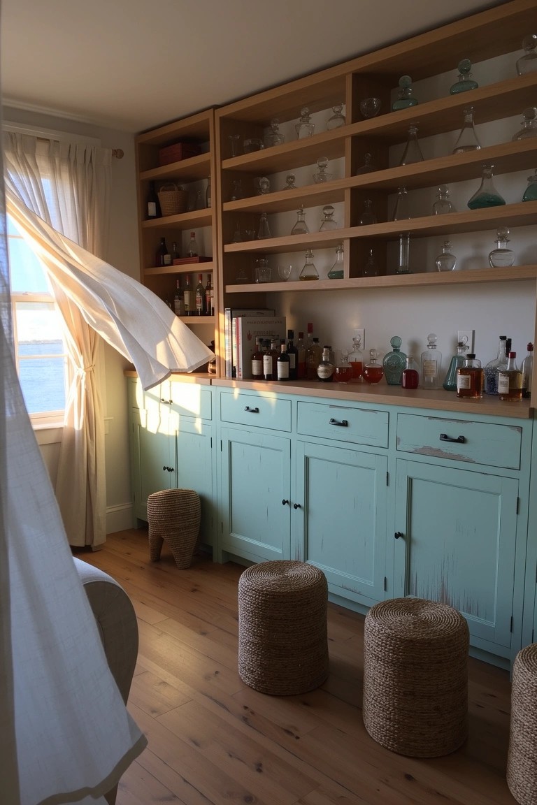 Wooden open shelves stocked with whiskey bottles and glassware above seafoam green cabinets with rattan stools in a light-filled room