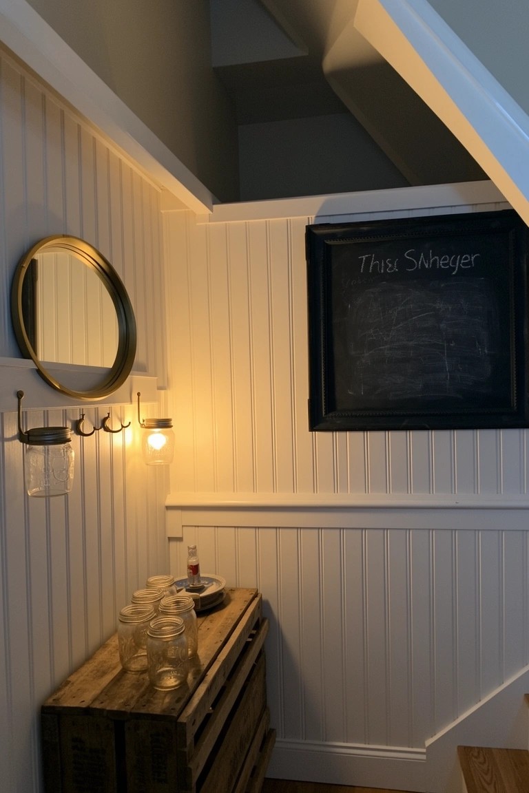 Compact under-stair whiskey nook with wooden dresser holding glass jars, chalkboard sign, round mirror, and wall hooks with lit jars