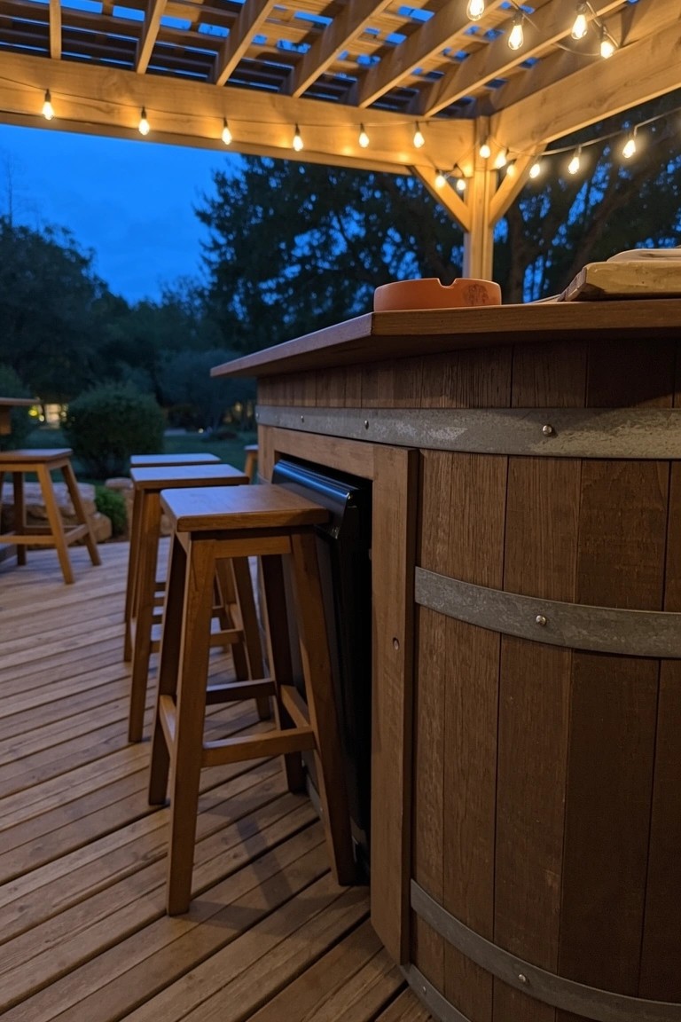 Rustic outdoor patio bar built around a whiskey barrel enclosing a refrigerator door, with wooden bar stools on a deck under a pergola strung with lights
