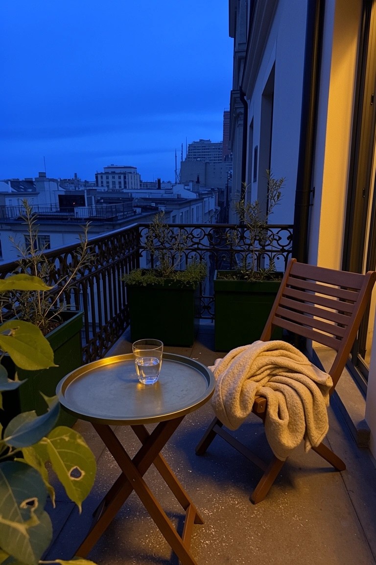 Wooden chair with draped cream blanket beside small metal tray table holding a glass of water, potted plants on wrought-iron balcony railing