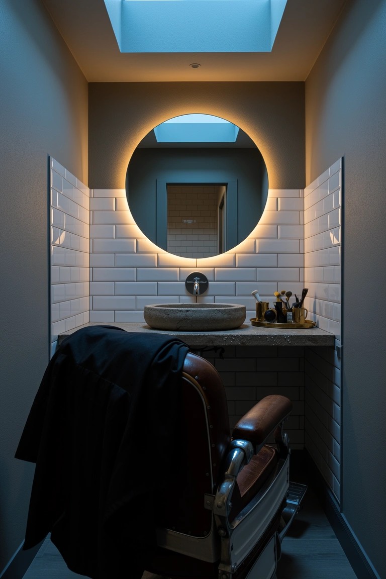 Compact grooming area with leather barber chair draped in black jacket, round LED-lit mirror, stone sink on tiled walls under skylight